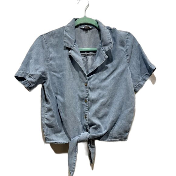 Denim Top Chambray Tie Front Blouse Short Sleeves Western Rodeo Womens sz Small - Picture 1 of 9